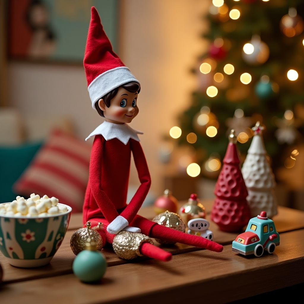 Elf on the shelf in red outfit with a white hat. Surrounded by festive decorations. Christmas tree in the background. Warm atmosphere with ornaments and snacks.