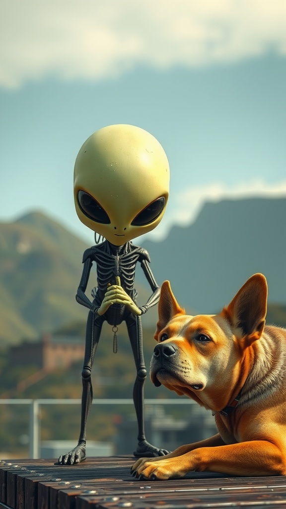 The image depicts a whimsical scene with a small alien figure standing beside a relaxed dog on a wooden platform. The alien, characterized by its large head and thin limbs, gazes curiously at the camera, while the dog lies calmly, seemingly unbothered by its unusual companion. The setting appears to be outdoors, with hazy mountains in the background, suggesting a serene and otherworldly environment.