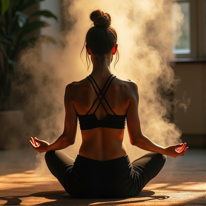 A person in a yoga pose is enveloped in soft, golden light and mist.