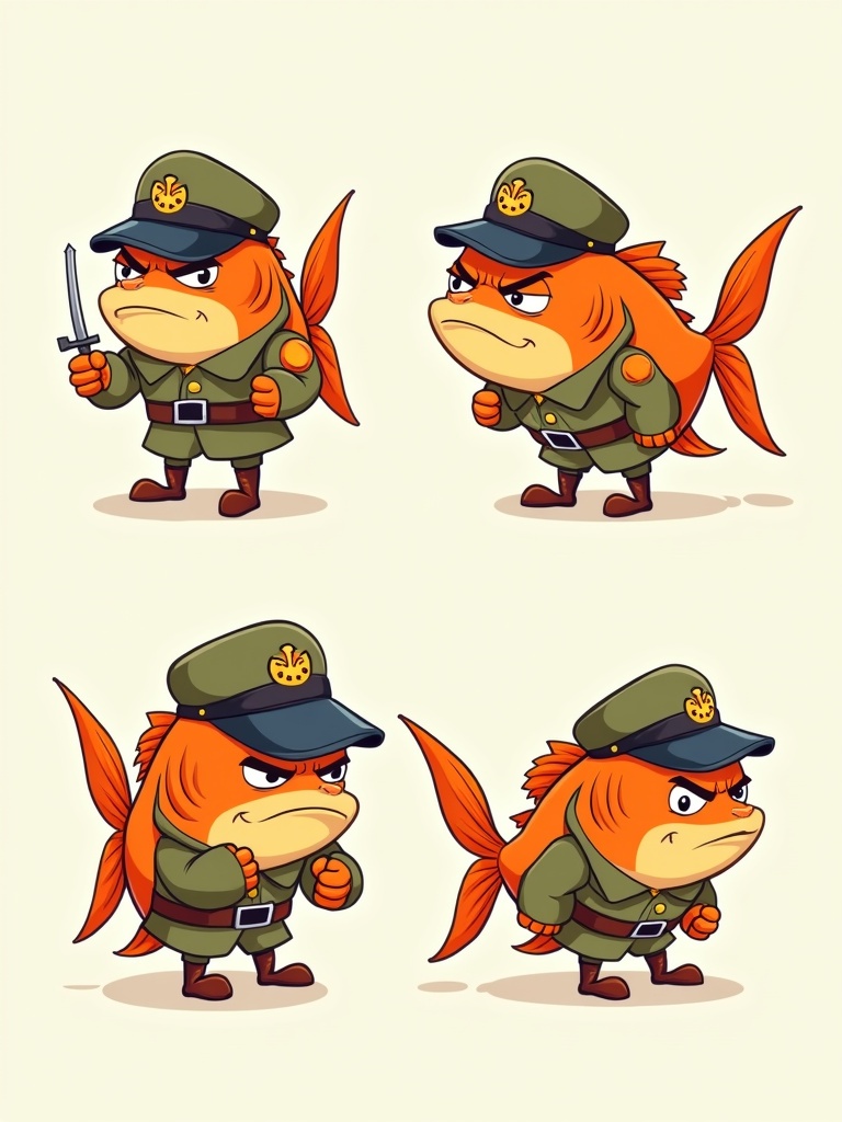 Different angles of a cartoon fish in military uniform. Fish appears grumpy. Bright colors are used prominently.