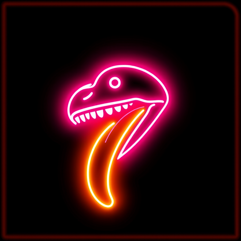 A neon sign of a dinosaur head with glowing pink teeth and an orange tongue on a black background.