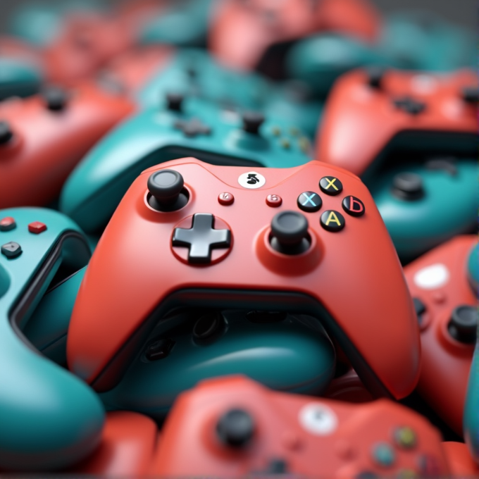 A vibrant arrangement of red and teal gaming controllers, artistically piled on top of each other, with a prominent red controller taking center stage.