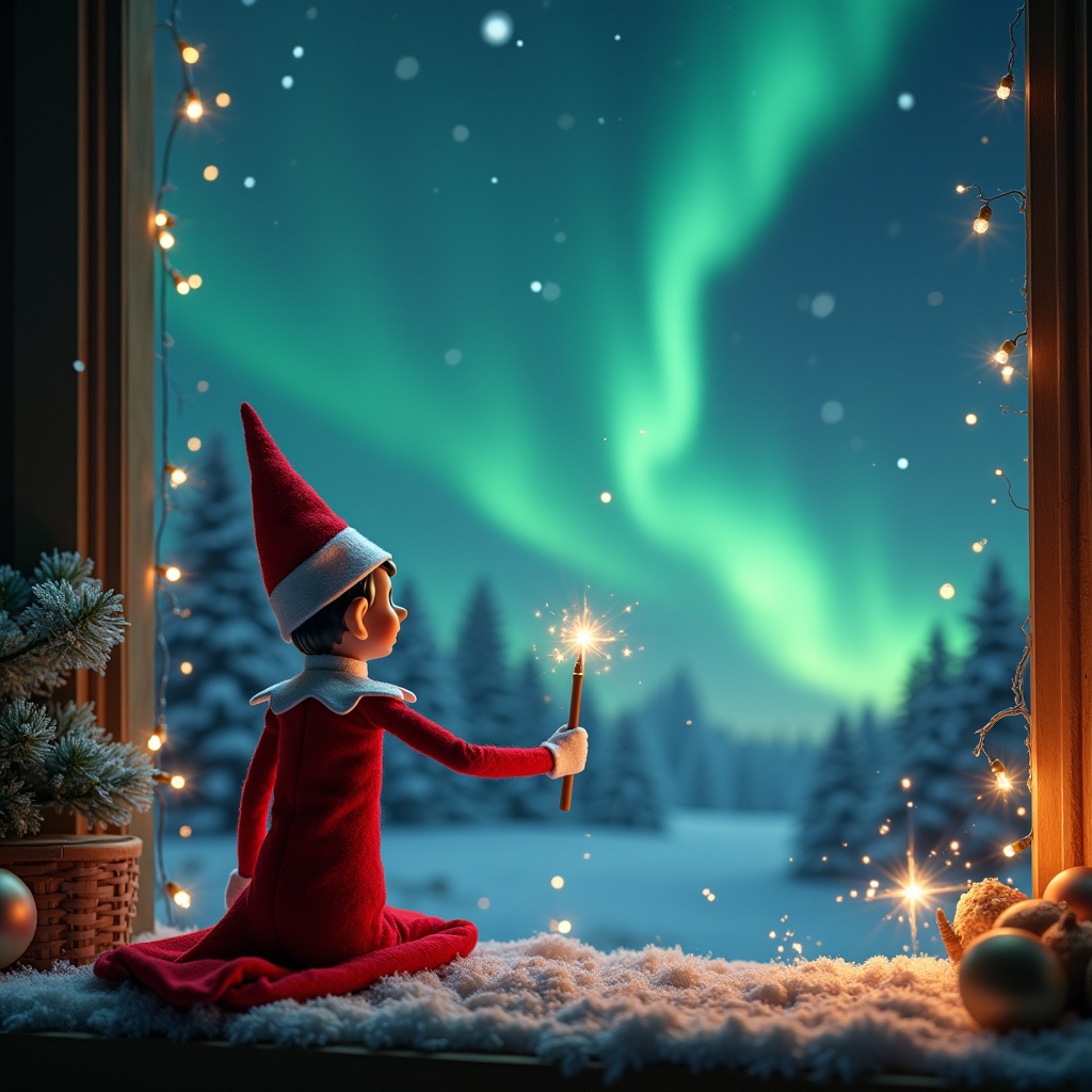 In a cozy, magical setting, an elf on the shelf sits with its back to the viewer, gazing out of a window. The elf, dressed in a red outfit and pointed hat, holds a sparkling wand as it writes in the sky. A beautiful display of the Northern Lights illuminates the winter landscape, with snow-covered trees in the background. Soft, twinkling lights frame the window, adding to the holiday atmosphere. This enchanting moment captures the essence of Christmas magic and the excitement of the season.