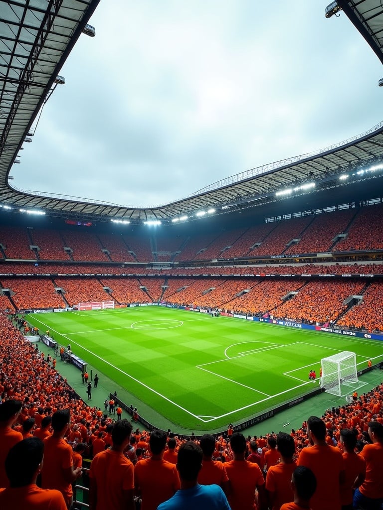 Large modern soccer stadium is filled with thousands of spectators. Stands are packed with fans wearing orange creating vibrant unified color. Soccer field is lush green marked with white lines. Stadium design is sleek contemporary with partially covered roof allowing natural light in. Atmosphere is electric suggesting high-profile match. Sky is slightly overcast adding to dramatic setting.