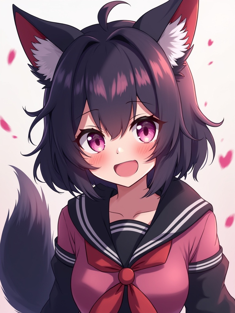 Anime character with wolf ears and tail. Dark purple hair and pink eyes. Appears happy and engaging. Dressed in a school uniform style reminiscent of My Hero Academia. Cheerful expression with a friendly demeanor.