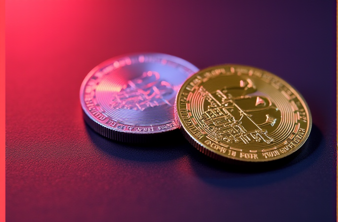 The image shows two cryptocurrency coins, one gold and one silver, placed on a surface under colored lighting.