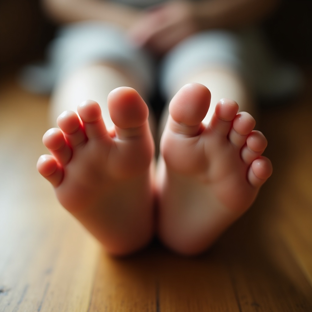 Close-up of feet in soft lighting. Feet are placed on a table. Focus on natural beauty and care.