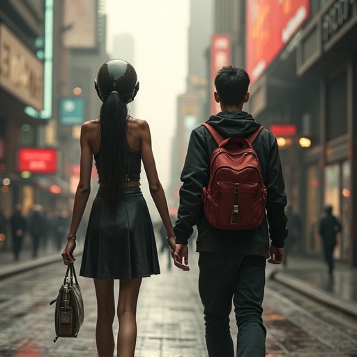 Sleek teenage alien girl walks along city streets with her teenage boy friend. Both hold hands while surrounded by urban environment.