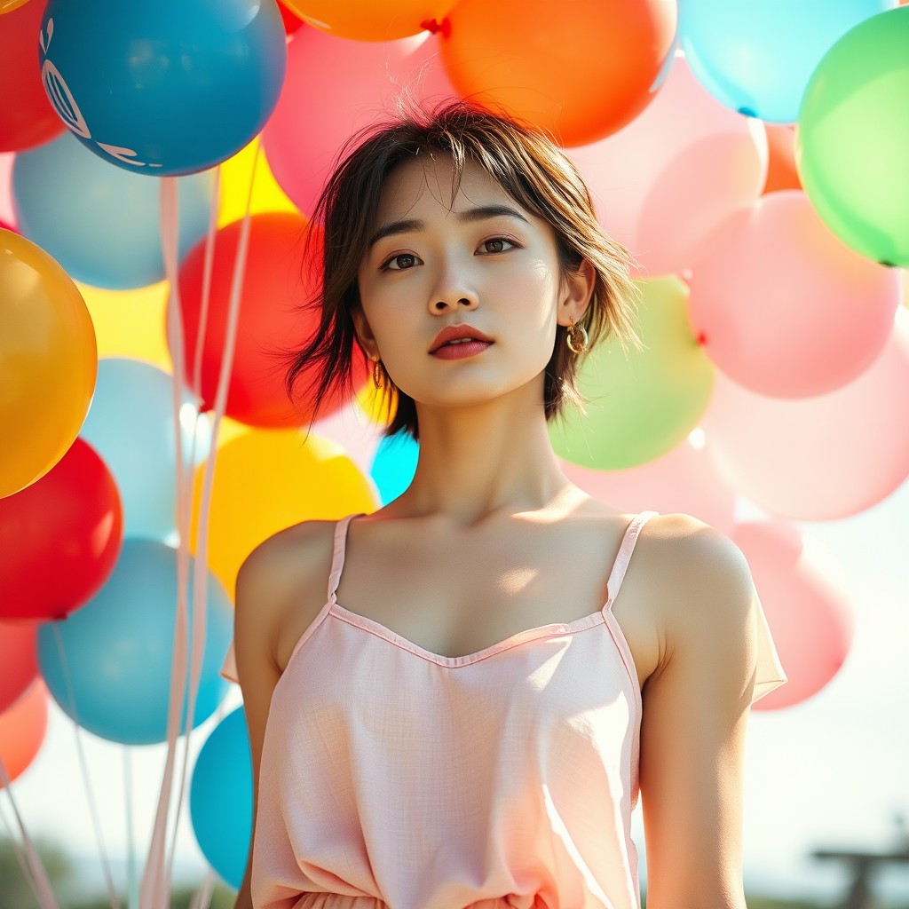 A young woman stands amid colorful balloons, evoking a sense of joy and festivity.