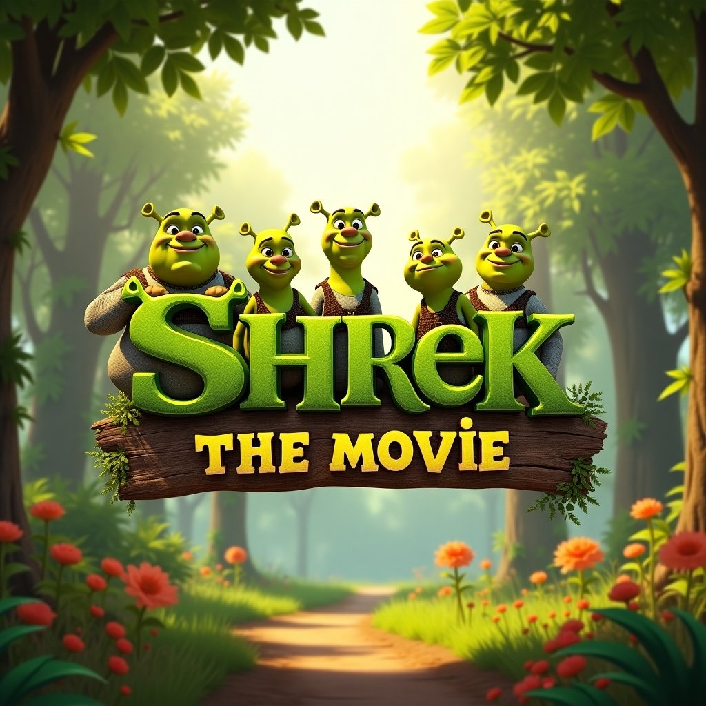 Logo for Shrek 5 the movie. Background features a vibrant forest during the day. Characters stand at the forefront with a whimsical style.