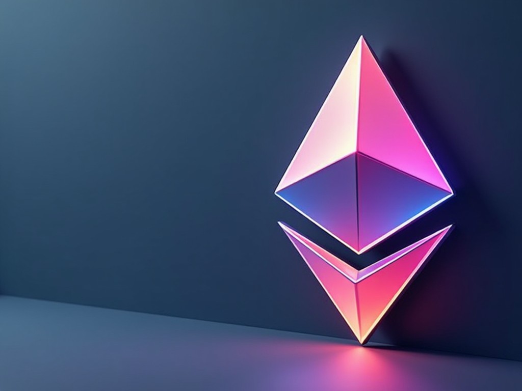 This image features a stylized Ethereum logo prominently displayed on the right side of the page. The logo is designed with a modern aesthetic, utilizing vivid colors such as purple, blue, and pink. A futuristic vibe is created through neon lighting effects that give depth and dimension to the logo. The background is minimalistic and dark, enhancing the brightness of the logo. This design is ideal for presentations or articles related to Ethereum and cryptocurrency.