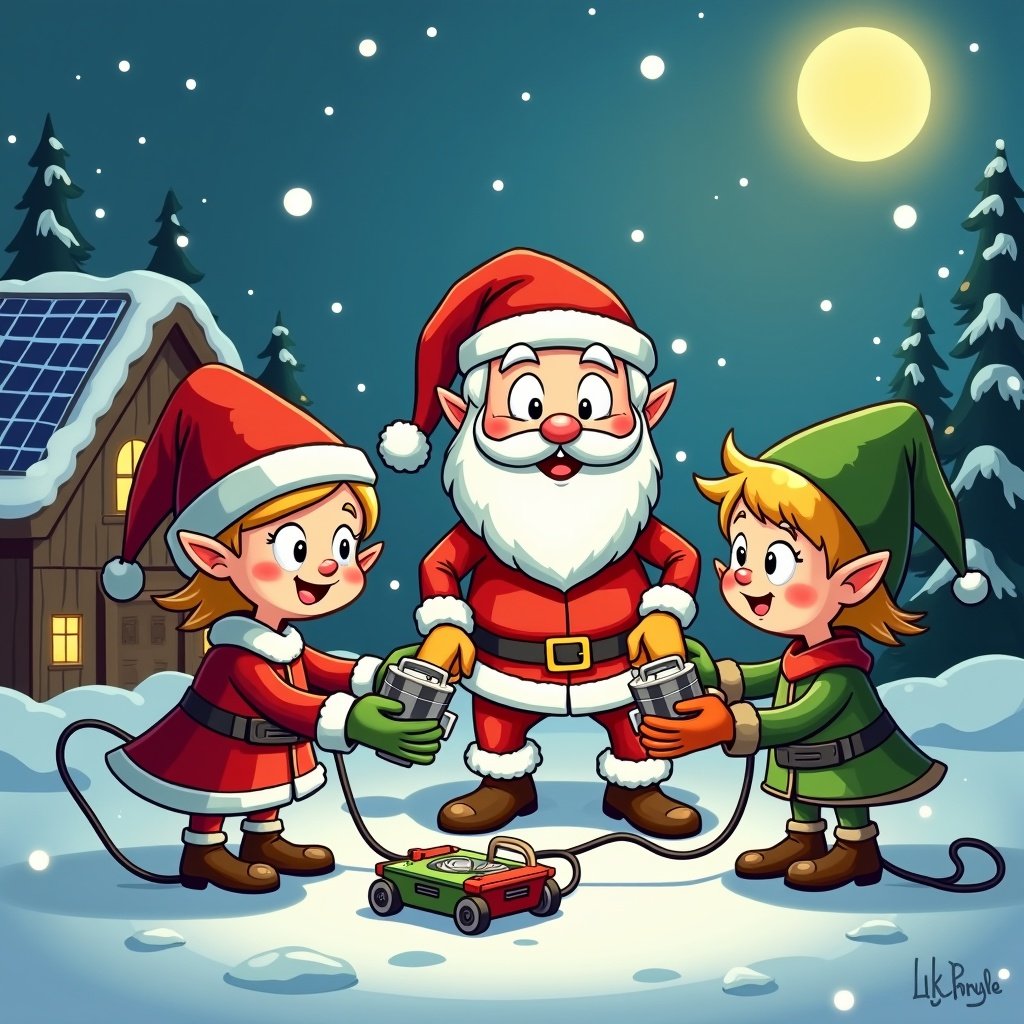 Elves enjoy electric toys at Santa's Workshop. Workshop features solar panels on the roof. Image demonstrates solar power use. Cartoon style.