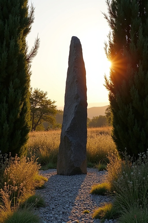 A menhir stands tall in a southern French landscape. The menhir is about 2 meters high and made of dark granite. Dense tall shrubs frame the menhir. In front, ground is stony with sparse wild herbs. It is evening during a clear spring day. Last rays of sunlight illuminate the stone.