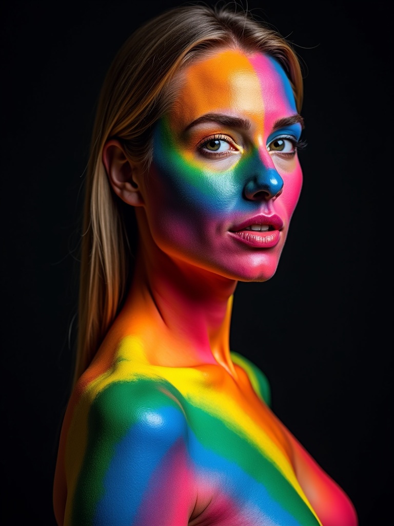 A woman is covered in vivid rainbow-colored body paint. A striking artistic visual showcases her colorful painted body against a dark background. The image captures the boldness and creativity of body art.