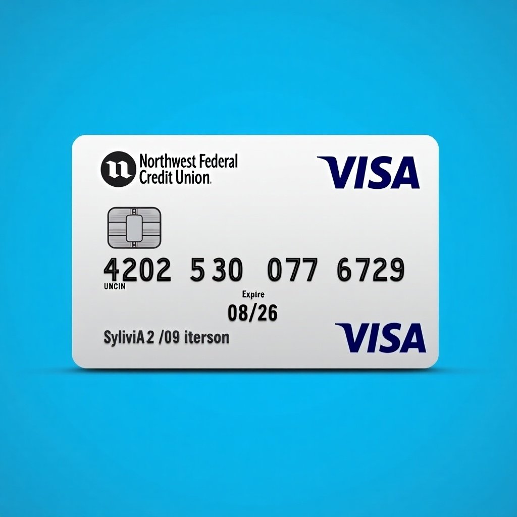 Realistic credit card image shows Visa logo and Northwest Federal Credit Union. Card number is 4202 5320 0767 6729. Name on card is Sylvia A. Peterson. Expiry date is 08/26. Clean background in blue.