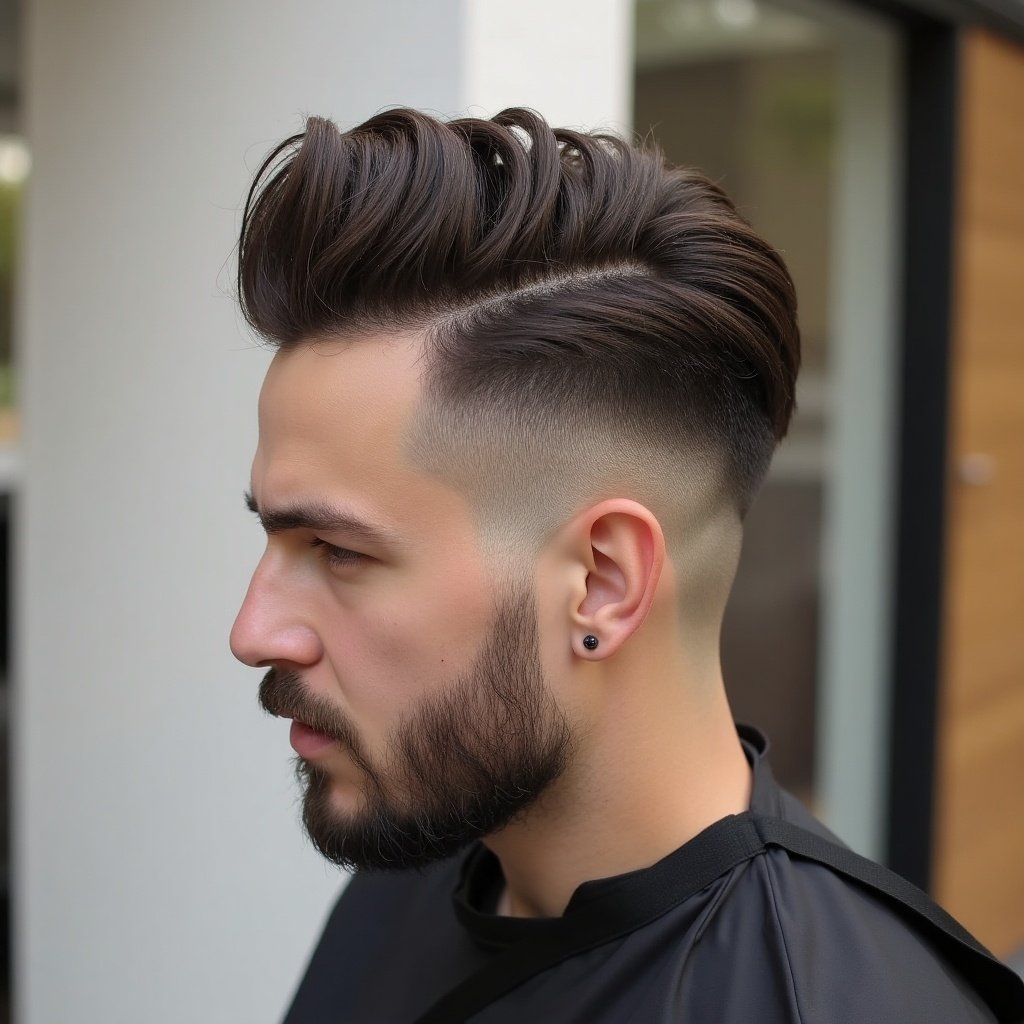 Side profile view of a man with a stylish half pipe roll haircut and fade. Hair is voluminous on top with a smooth natural look. Beard is well-groomed. Background is neutral and modern.