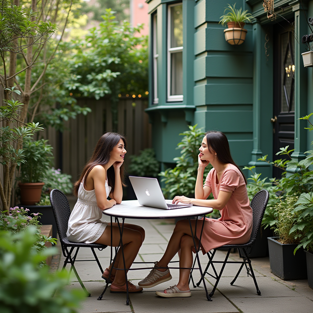 Two women sit at a table with a laptop, chatting outdoors surrounded by plants.