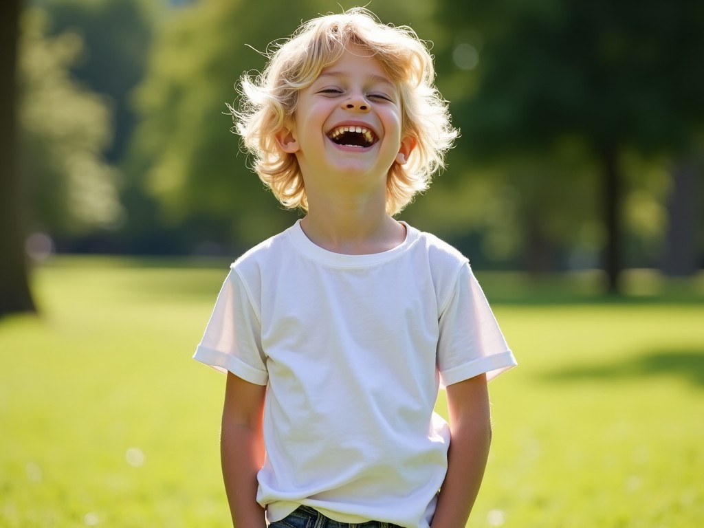 A young child with blond hair laughing joyfully in a sunny park, wearing a white t-shirt.