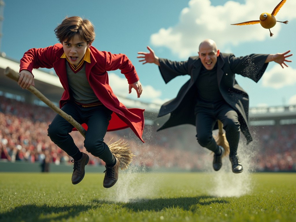 This dynamic image captures an intense broomstick chase in an open stadium. Two individuals, clad in distinctive robes, are racing at full speed, suspended just above the vibrant green grass. A small golden object with wings flies ahead of them, suggesting a high-stakes game. The background showcases a clear, sunny sky and a cheering crowd, adding to the excitement and energy of the scene.