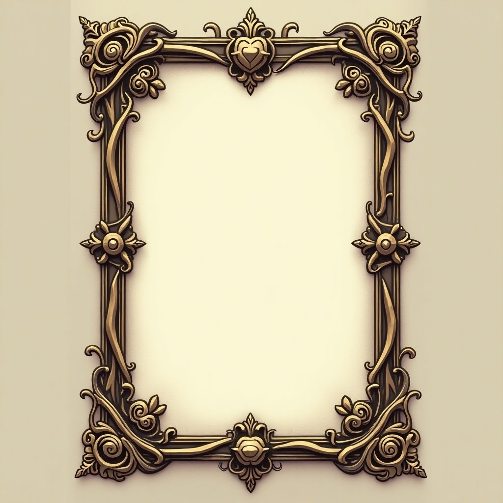 Intricate vintage card frame design. Decorative elements with floral motifs. Blank center for customization.