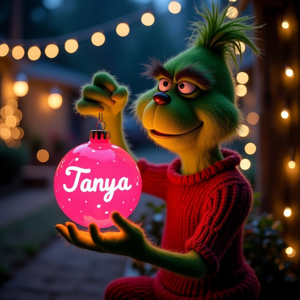 Night garden scene featuring the Grinch holding a glowing pink Christmas ornament. Ornament has name Tanya in elegant script. Twinkling Christmas lights create a magical atmosphere.