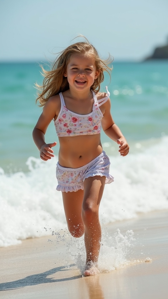 A young girl joyfully runs along the shoreline, her feet splashing in the gentle surf. She wears a floral two-piece outfit and beams with excitement, her hair flowing behind her. The clear turquoise water and sunny sky create an inviting and carefree summer atmosphere.