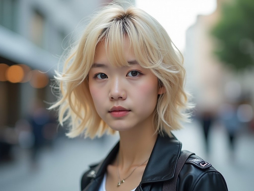 The image features a fresh-looking Korean woman with slightly shorter, messy blonde hair. She appears youthful and stylish, standing in an urban setting. The soft, natural lighting accentuates her delicate features. Her expression conveys a sense of calm and confidence. The background is slightly blurred, drawing focus to her. This portrait is perfect for showcasing contemporary fashion. The outfit complements her hairstyle, contributing to a modern aesthetic.