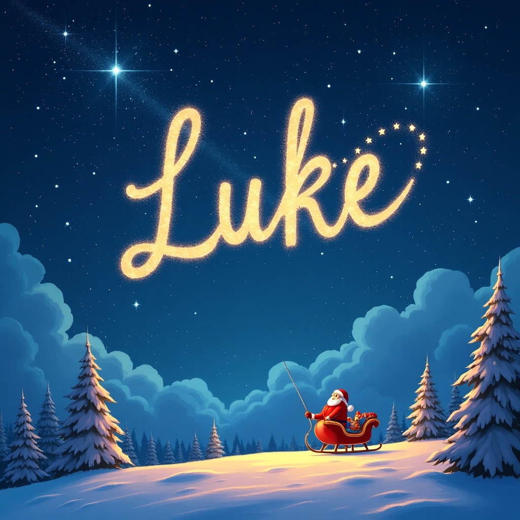 In a whimsical winter scene, Santa Claus happily rides in his sleigh through a snowy landscape. The sky is filled with twinkling stars, and Santa is magically writing the name 'Luke' in sparkling letters. Surrounding him are fluffy white clouds and tall evergreen trees covered in snow. The atmosphere conveys joy and festive cheer, perfect for the holiday season. This delightful illustration captures the enchantment of Christmas and the wonder it brings to children.