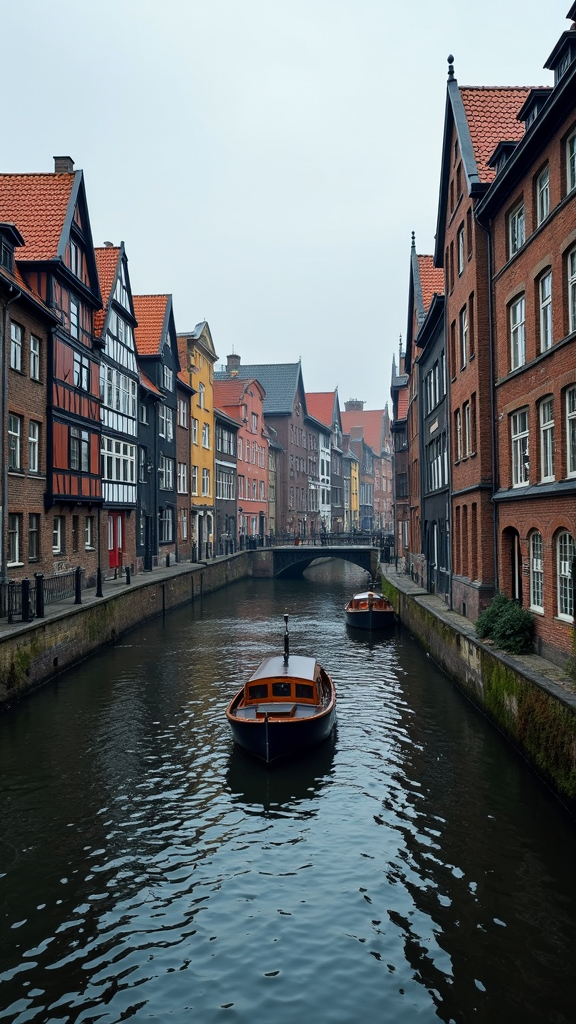 A picturesque canal with quaint, colorful buildings lining both sides and two small boats floating gently in the calm water.