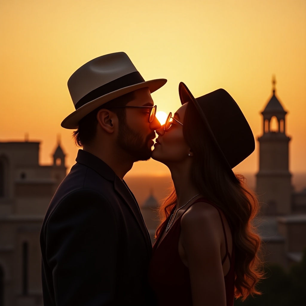 A couple kissing during sunset. They wear fashionable hats and sunglasses. Ancient architecture is visible in the background. The scene is romantic and warm.