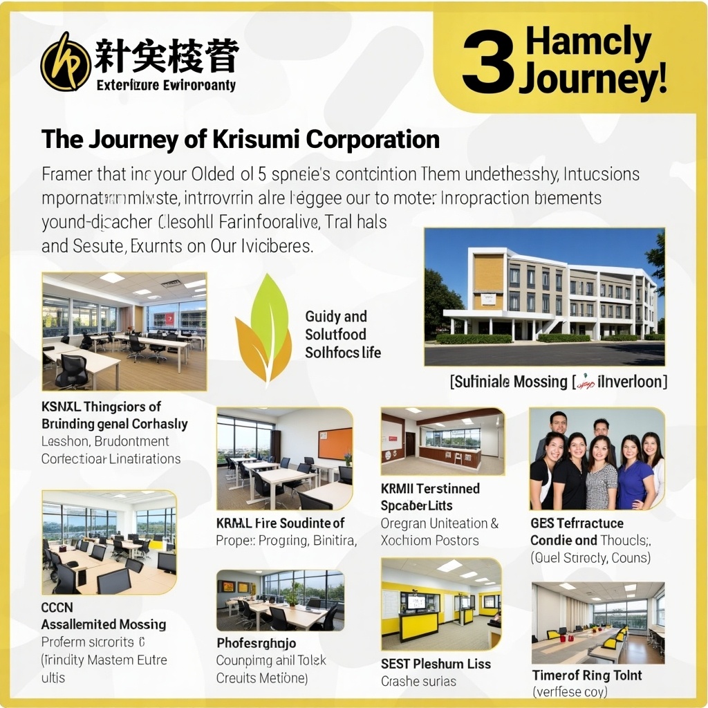 The image outlines the journey of Krisumi Corporation. It includes company details, services offered, and project highlights with a structured layout. Bright colors highlight key points.