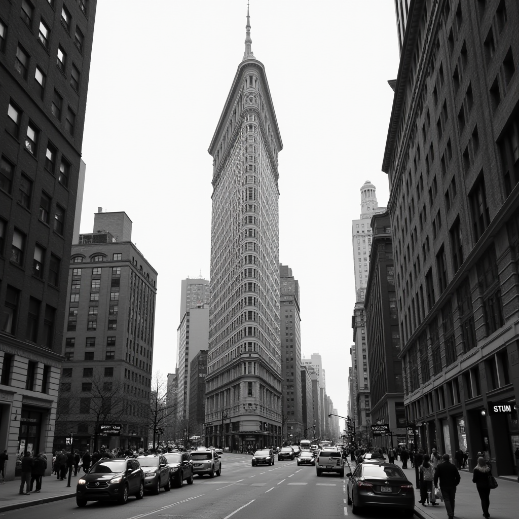 A black and white image showcasing a historic flatiron building amid a bustling urban street.