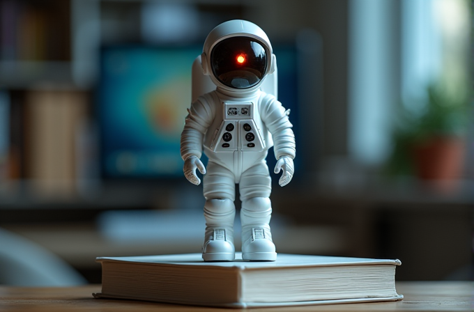 A small astronaut figurine with a glowing red eye stands on a closed book in a softly lit, blurred room.