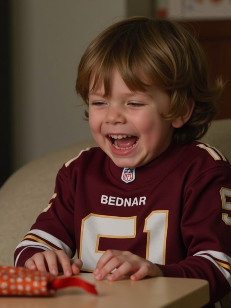 Child shows excitement while opening a gift. The child wears a maroon jersey with the name Bednar and number 51. The setting is indoors with warm, soft lighting.