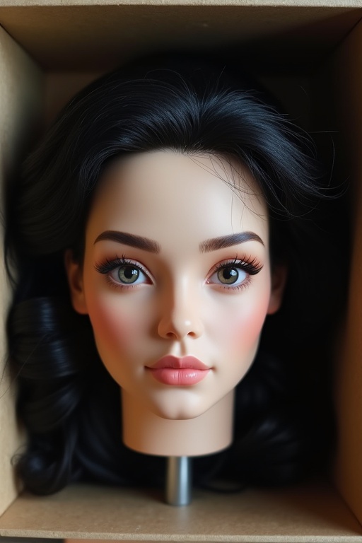 Realistic female head placed in a box with black hair. Suitable for training and demonstrations. Perfect for hairstyling practices. Focuses on hair features and realistic appearance.