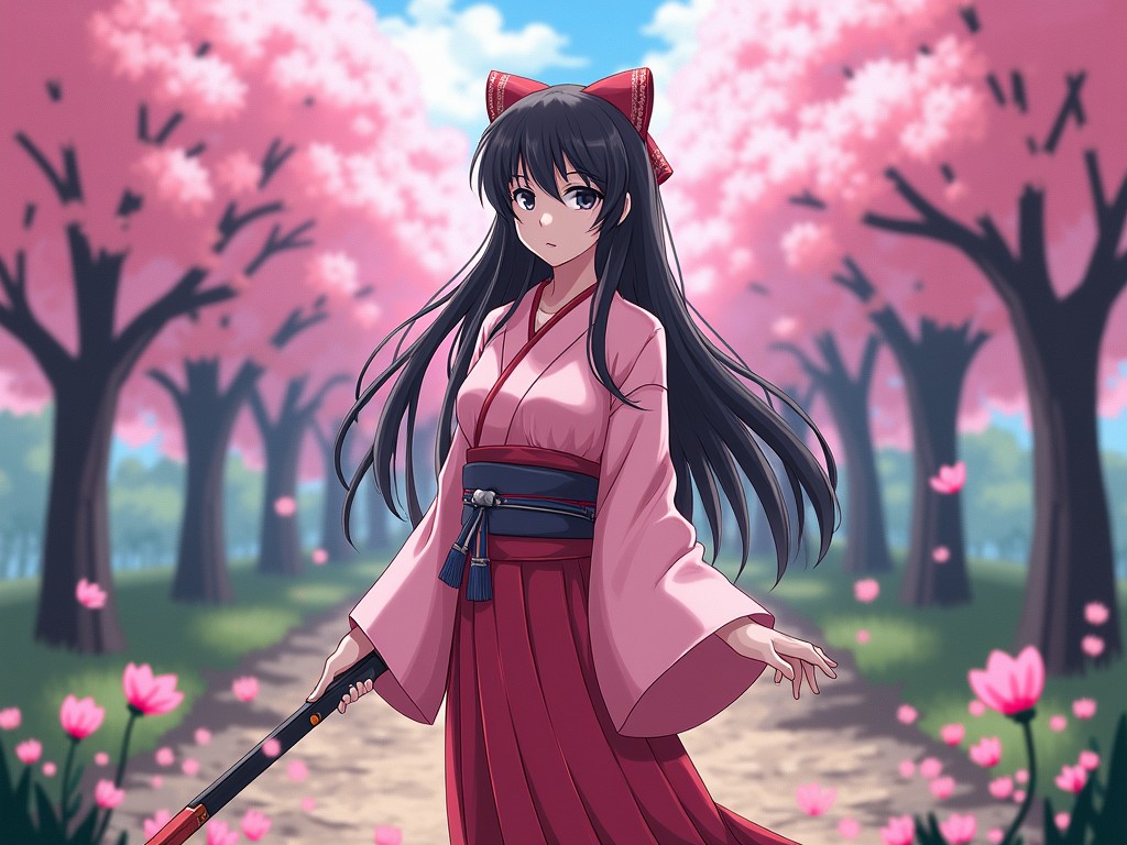 This digital illustration features a young woman in traditional attire, standing amidst a serene cherry blossom grove. Her kimono is a blend of soft pink and deep red hues, complementing the blooming sakura trees surrounding her. She wields a wooden sword, suggesting elegance and strength, while petals gently fall in the foreground, enhancing the tranquil atmosphere.