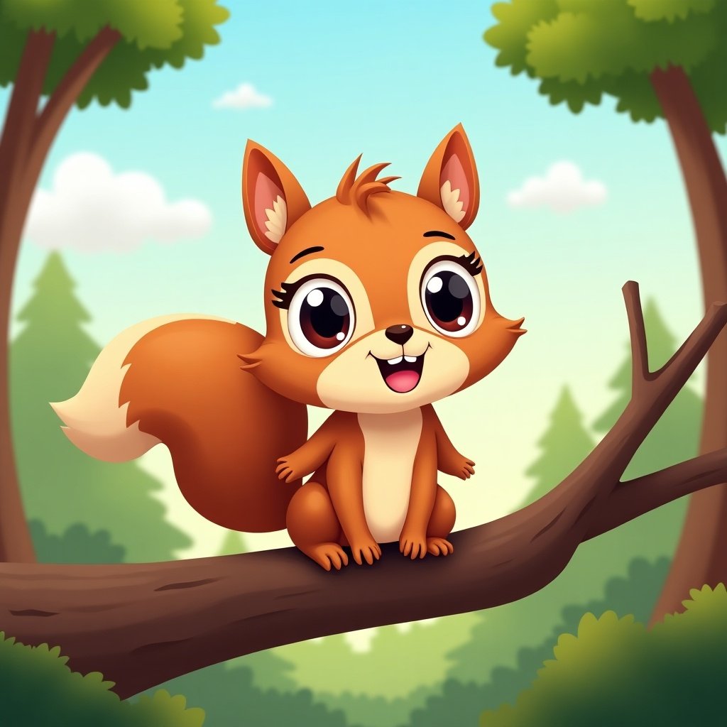 Cartoon squirrel with big eyes. The character has a happy expression. It sits on a large branch. Forest background on a sunny day. There are little clouds in a blue sky.