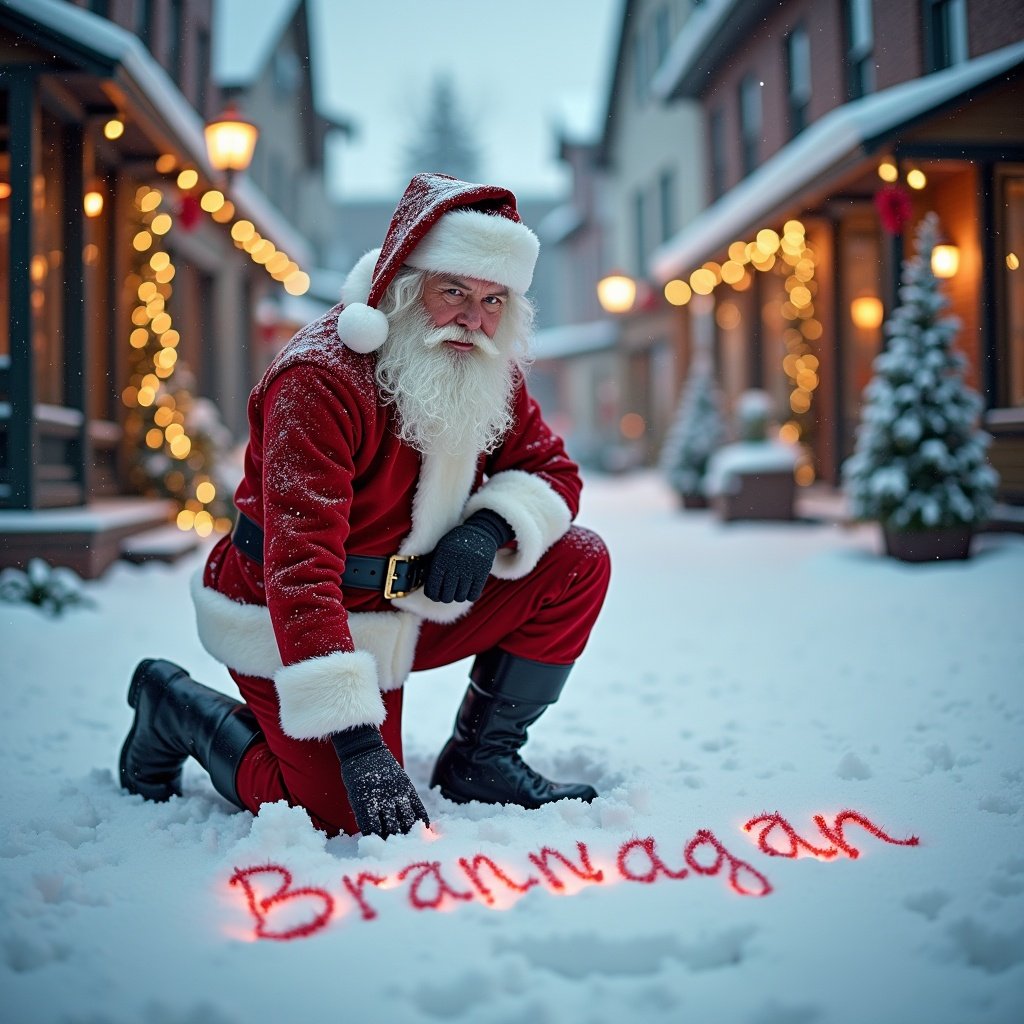 Image shows Santa Claus writing Brannagan in freshly fallen snow. He wears traditional red and white attire with black belt. Snowy street lined with charming buildings enhances holiday feeling. Soft light casts warm glow. Scene is cheerful and festive, ideal for holidays.