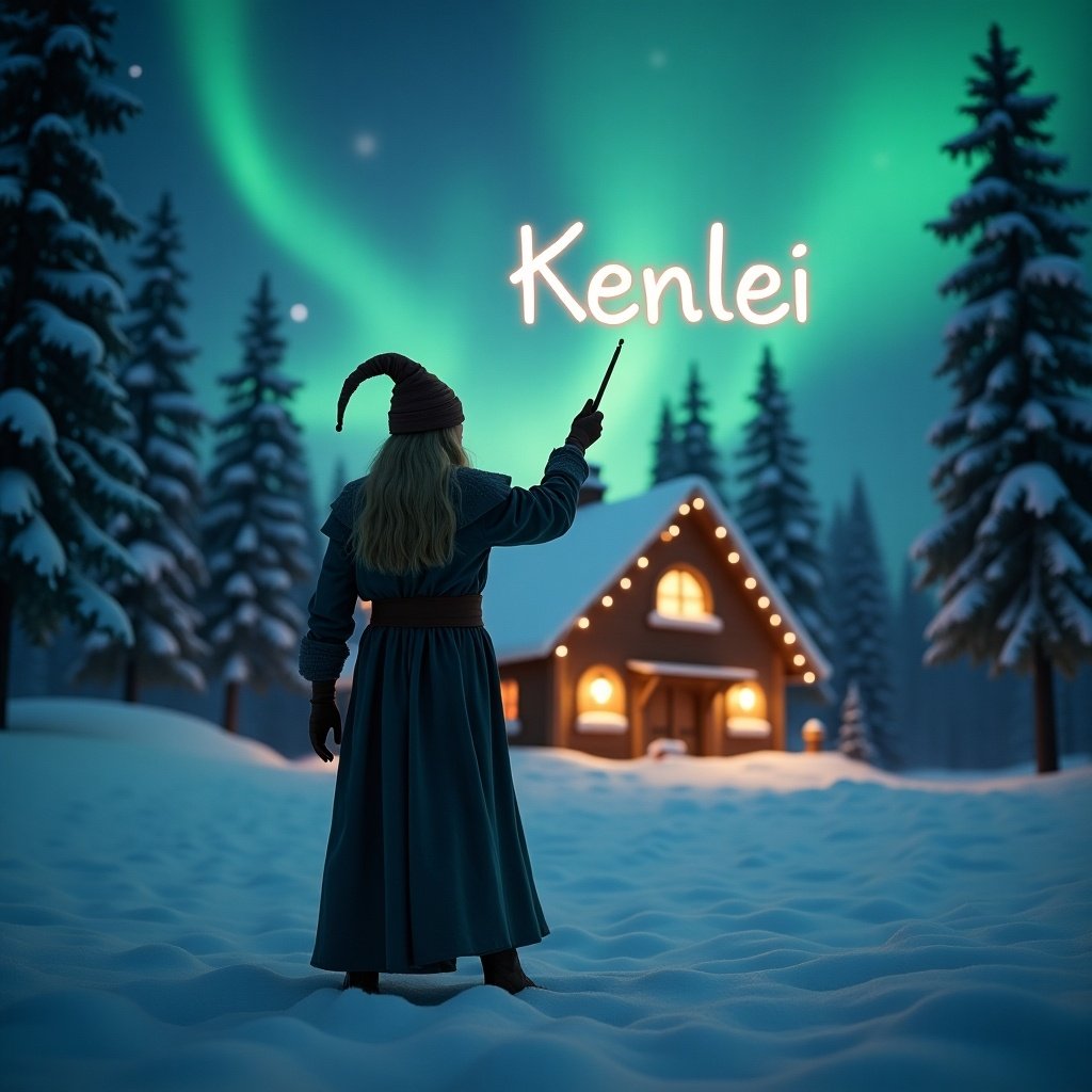 Elf is standing with back to viewer. Elf is writing name Kenlei in air with wand. Background shows northern lights. Cozy cabin is illuminated. Snow glows softly.