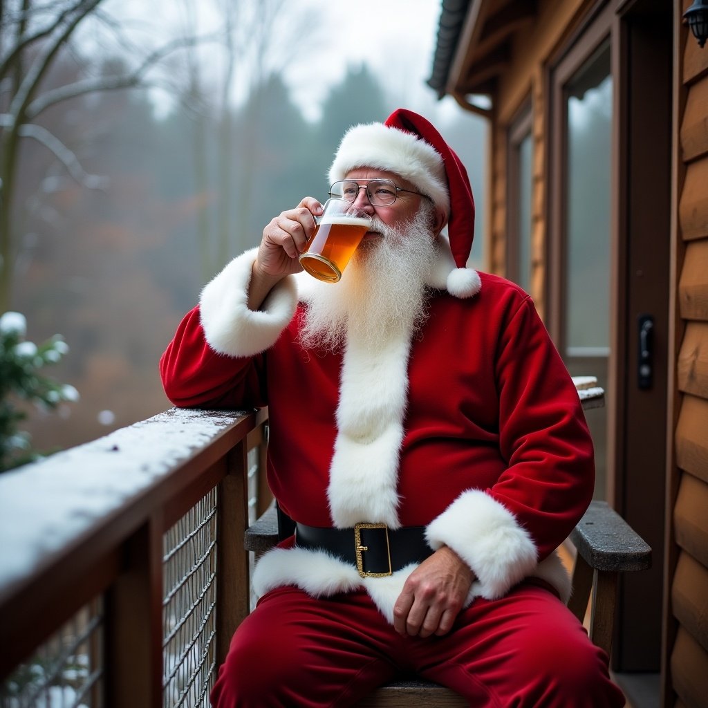 Santa wearing a red suit sits on a deck sipping beer. Scenic winter background features trees and a cabin ambiance. Relaxing holiday scene with a festive touch.