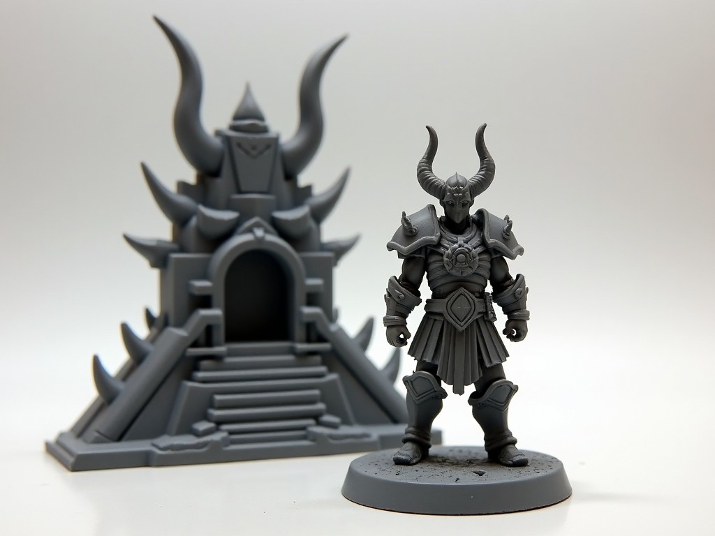 The image shows a detailed miniature figure and a backdrop that seem to belong to a fantasy or sci-fi setting. The miniature figure is of a warrior adorned with armor and horns, standing on a circular base. Behind the warrior is a large, stylized building or structure featuring sharp, horn-like protrusions. Both the figure and the structure are highly detailed, indicating careful craftsmanship. The overall tone of the image is monochromatic, likely emphasizing the shapes and textures of the miniatures.