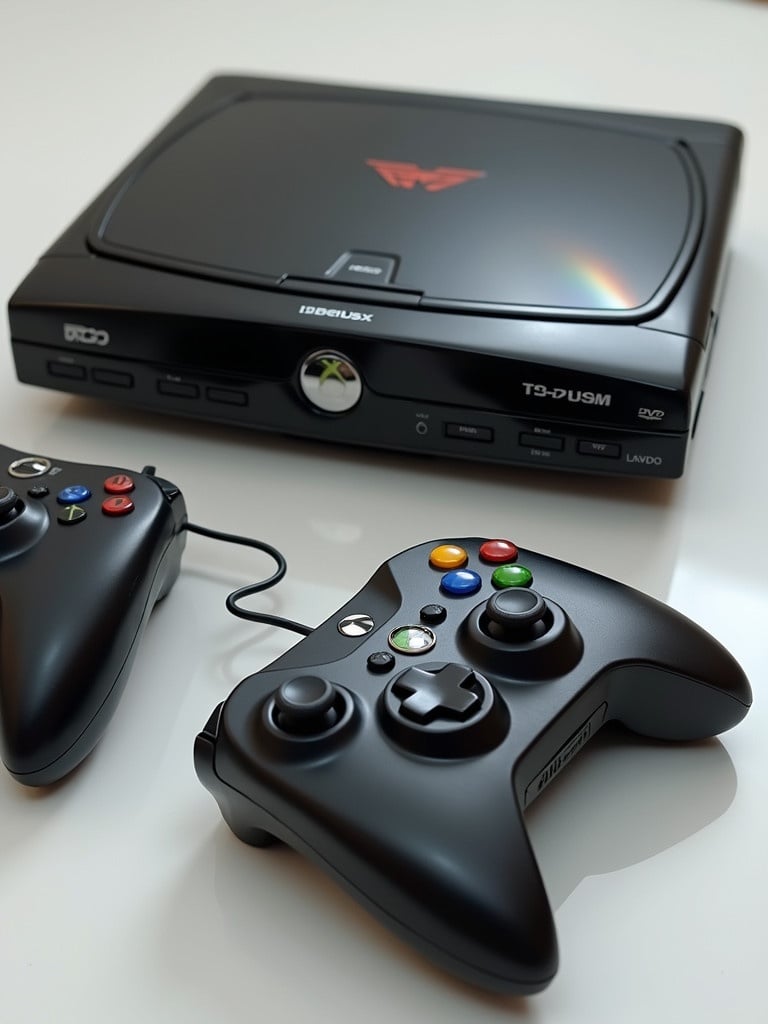 A DVD game system called the videobox. The console resembles a DVD player mixed with an Xbox. The controllers feature a d pad at the bottom left and a control stick on the top left. The right side has buttons arranged in a square. Controllers include L and R buttons and circular pads.