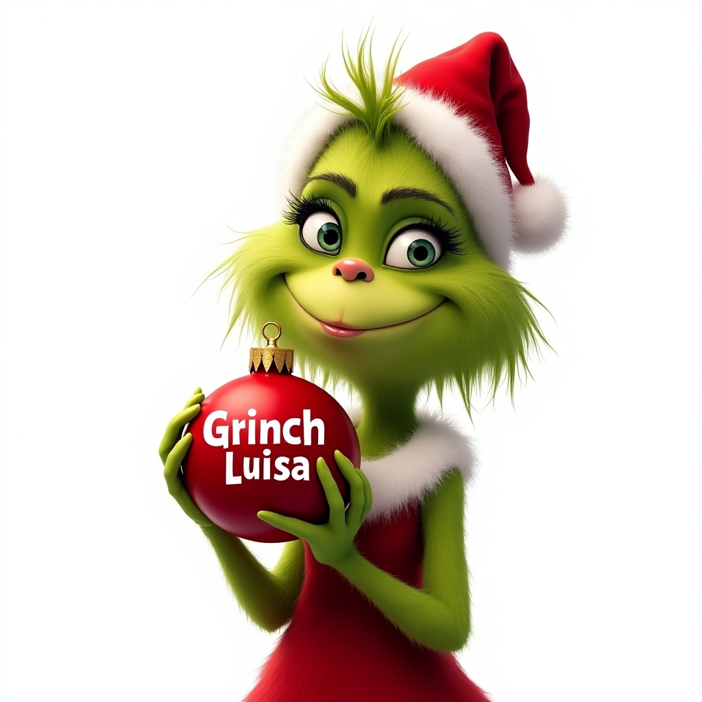 A young female Grinch in a red dress is smiling while holding a red ornament labeled Grinch Luisa. Character wears a Santa hat. The background is completely white.