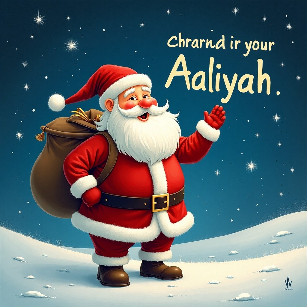 Santa Claus stands with a large sack. He waves cheerfully. Night sky filled with stars is the background. The text 'Aaliyah' appears alongside him.