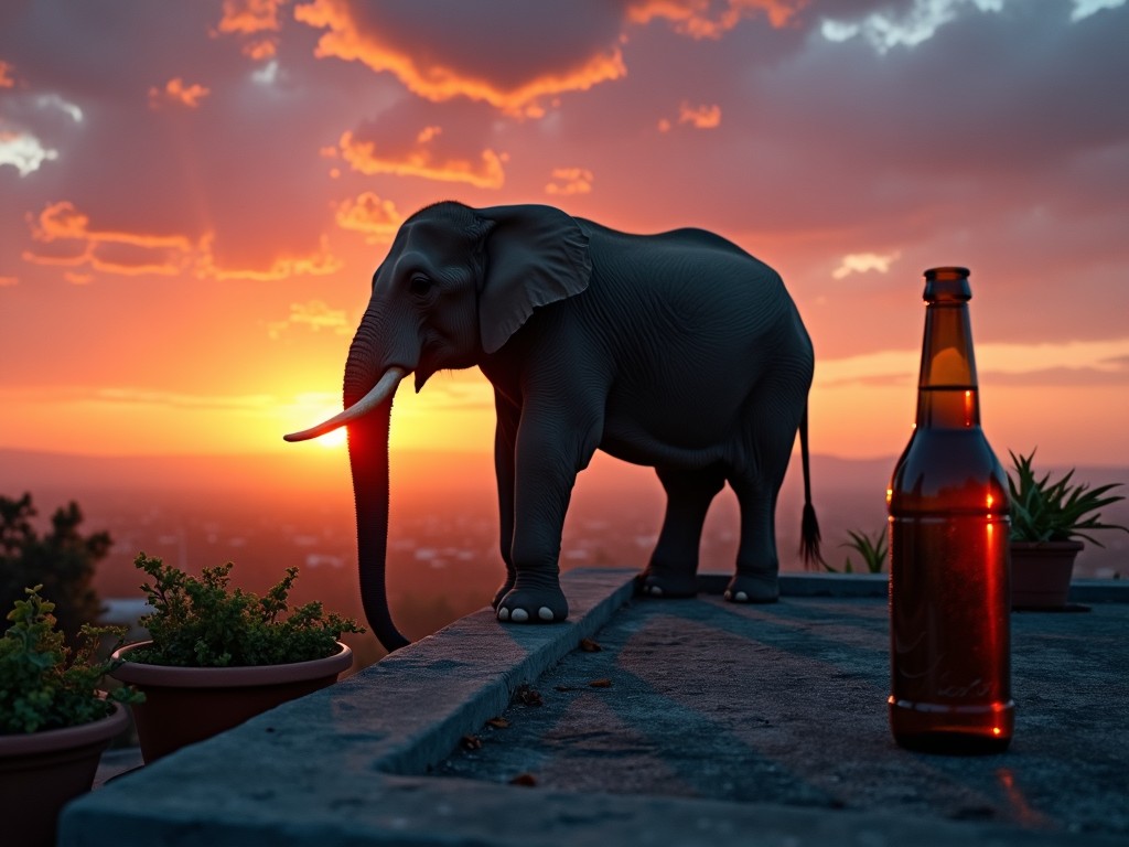 The scene depicts an elephant standing majestically against a stunning sunset. In the foreground, a bottle is placed on a stone surface beside some potted plants. The warm hues of orange and gold from the sunset provide a beautiful backdrop to the silhouette of the elephant. The setting evokes a sense of peace and tranquility, showcasing the beauty of nature. The contrasting elements of the bottle with the elephant add an intriguing layer to the composition.