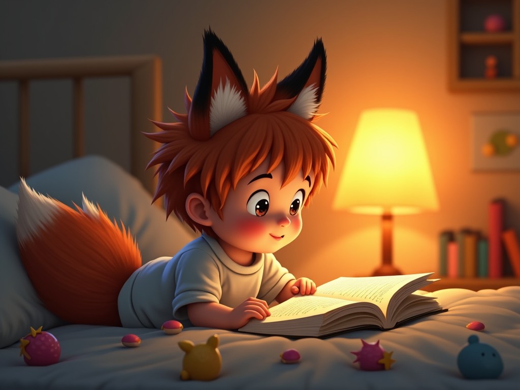 A young child with fox ears is deeply immersed in reading a book in their cozy bedroom. The atmosphere is warm and inviting, illuminated by a glowing lamp that casts soft shadows. The room is decorated with playful toys scattered around, adding a whimsical touch to the scene. The child shows a look of wonder and curiosity, reflecting their engagement with the story. This scene captures the innocence and joy of childhood reading.