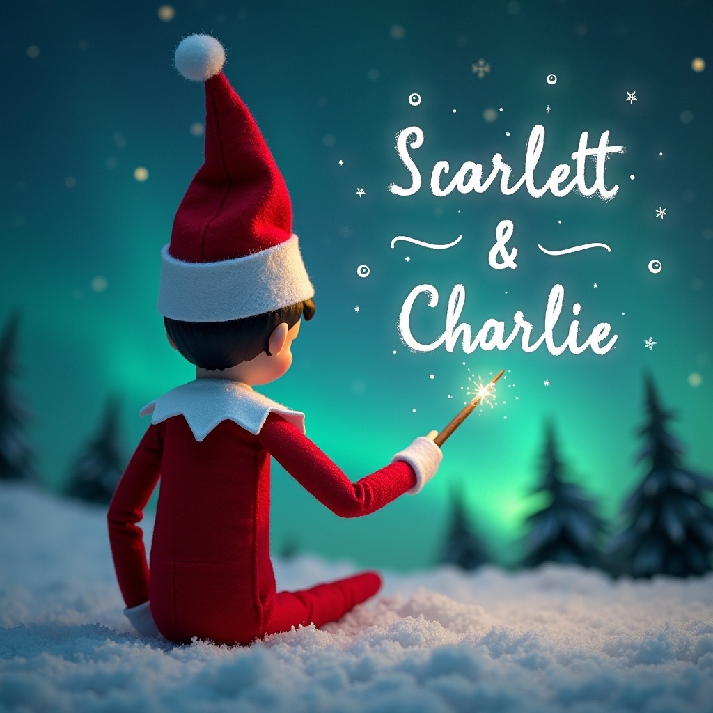 Elf character facing the magical sky. Wand in hand, writing names in the sky. Northern lights in background. Snowy ground. Christmas theme with festive elements.