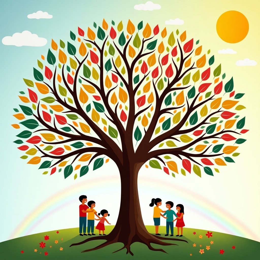 A large tree with colorful leaves symbolizes kindness. Children and adults around the tree perform acts of kindness. Bright sky with a rainbow and sun. Roots symbolize empathy and love. Branches connect everyone.