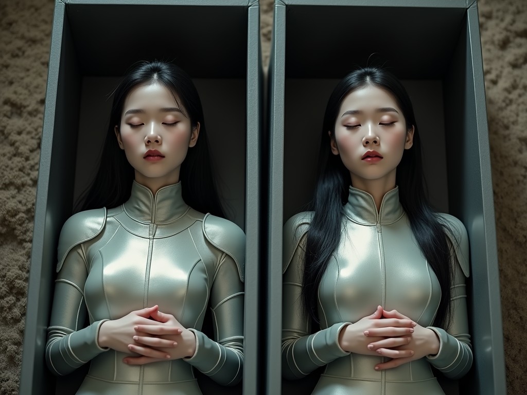 The image features two identical women dressed in metallic suits, lying side by side in sleek, box-like structures. Their serene expressions and relaxed posture suggest a state of rest, while the sci-fi elements of their attire and setting evoke a futuristic or dystopian narrative. The symmetry and simplicity of the composition reinforce themes of cloning or duality.