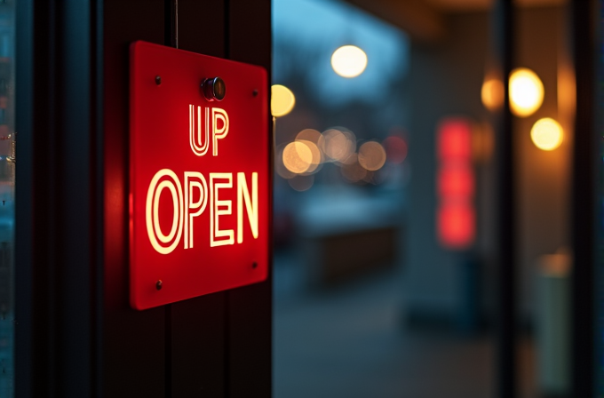 A vibrant red sign reading 'OPEN' is illuminated, set against an outdoor evening backdrop with blurred lights.